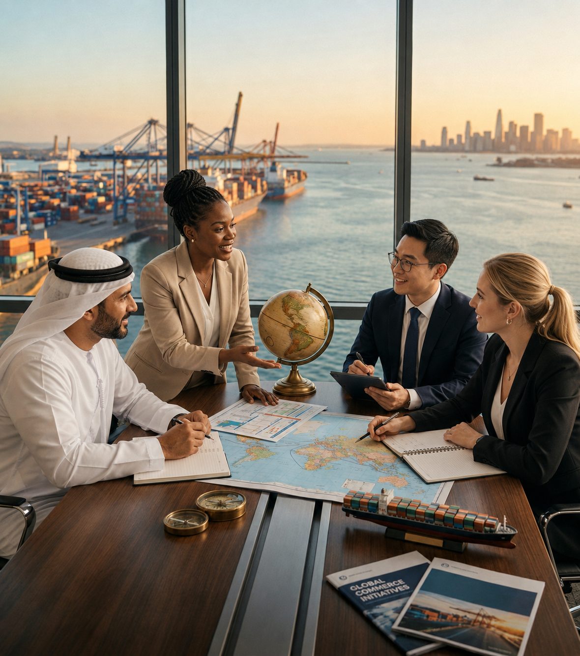 Trade partners meeting with a view of a port
